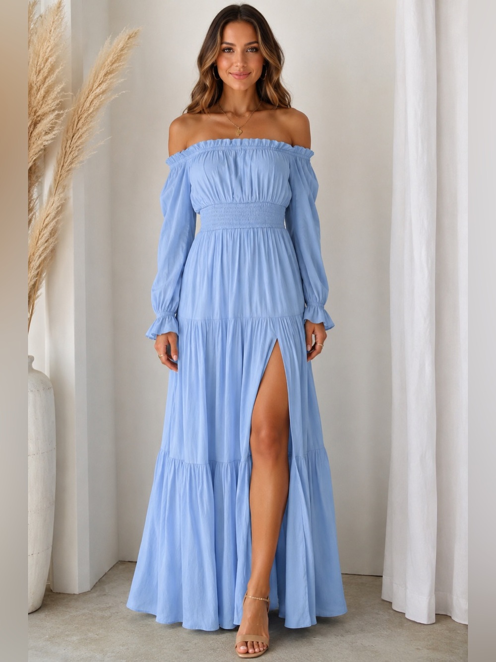 NWT ZESICA Light Blue Off Shoulder Smocked Side Slit Maxi Dress Boho Size S